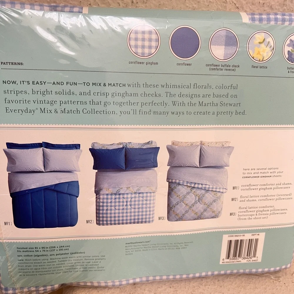 VTG NIP Martha Stewart Everyday  Cornflower Blue‎ Gingham Full size Flat Sheet